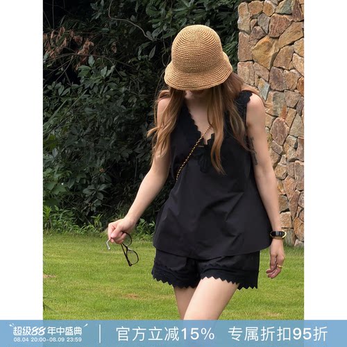 RHER STUDIO“波浪花边套装”100棉黑色背心短裤时尚套装ZRG14