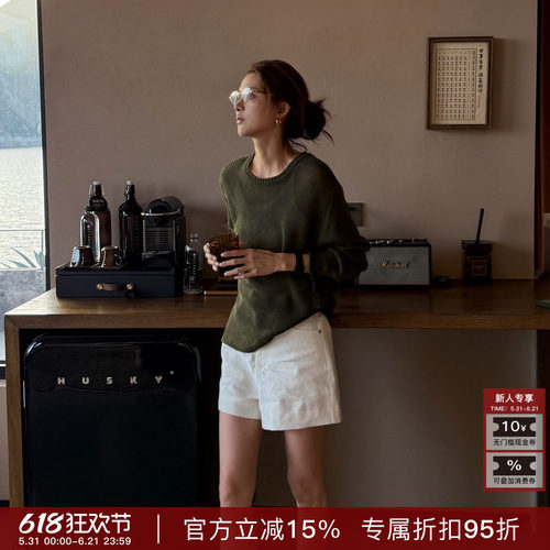 R-HER棉麻混纺提花针织长袖T恤