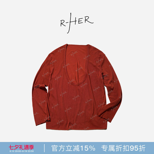 RHER STUDIO“砖红大U领长袖”夏季美式复古宽松显瘦长袖T恤CT008