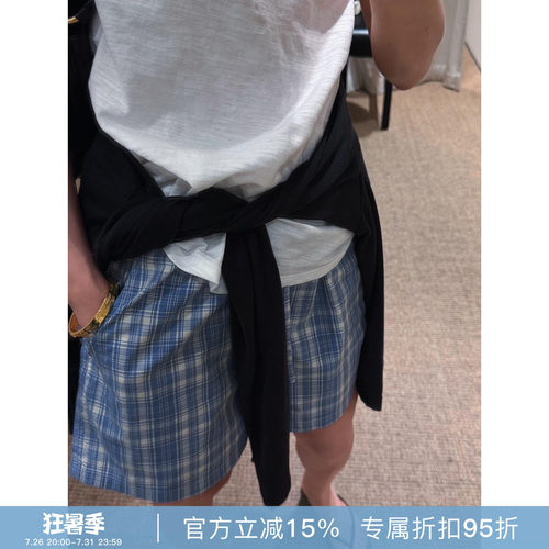 RHER STUDIO“海盐蓝格”复古格子女夏季舒适短裤K782A