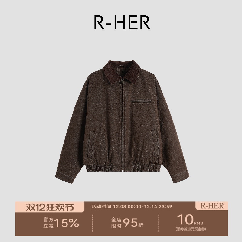 R-HER“深焙咖啡”95白鹅绒巴恩风工装设计做旧复古派克服RW5NC56
