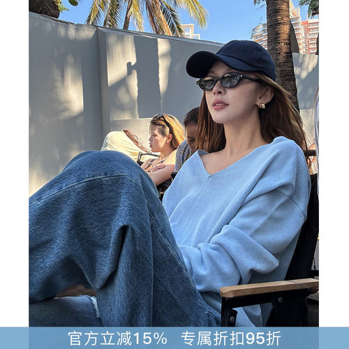 R-HER“细闪微透”韩系慵懒松弛感休闲V领针织衫长袖打底