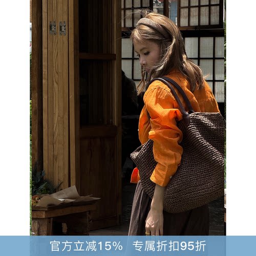 RHER STUDIO“亚麻橙调”春夏新款老钱风慵懒显瘦长袖防晒衬衫C07