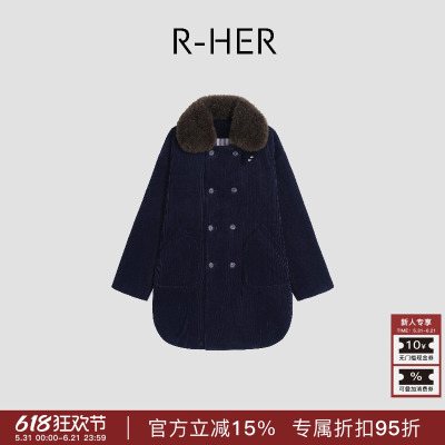 R-HER“蓝莓慕斯”厚款藏青山羊绒拼毛绒领双排扣毛呢外套RW5NC26
