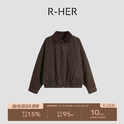 R-HER“深焙咖啡”95白鹅绒巴恩风工装设计做旧复古派克服RW5NC56