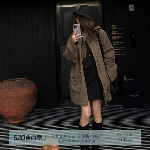 R-HER“格纹启示”长袖外套春款简约百搭时尚保暖休闲格纹风衣