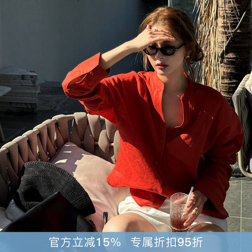 亚麻薄款立领拼色长袖打底衫