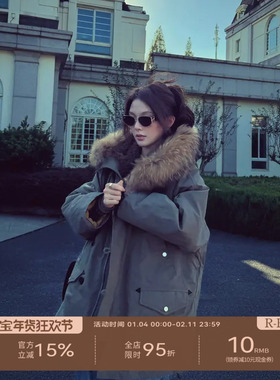 R-HER【连帽派克】于Moli 冬季连帽宽松中长款90白鸭绒羽绒派克服