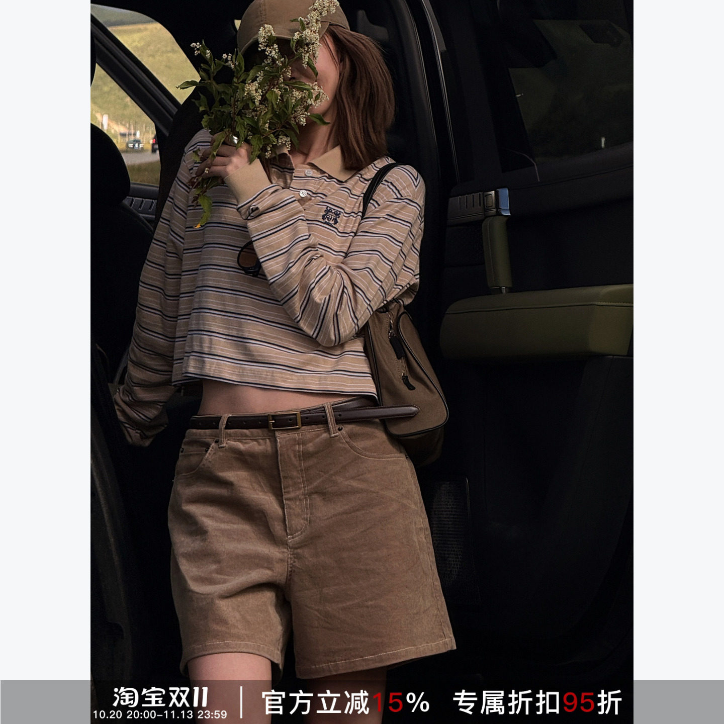 RHER STUDIO 卡其色复古直筒纯棉休闲裤高腰工装时尚百搭短裤女