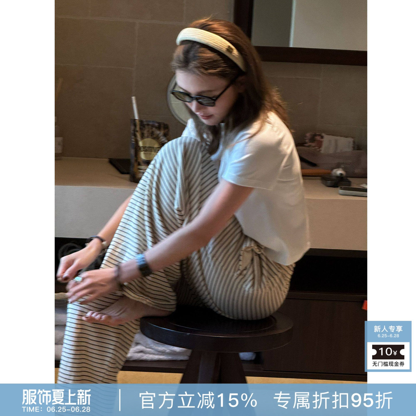 RHER STUDIO“纯棉遛弯裤”春夏简约百搭垂感显瘦条纹阔腿女裤K51