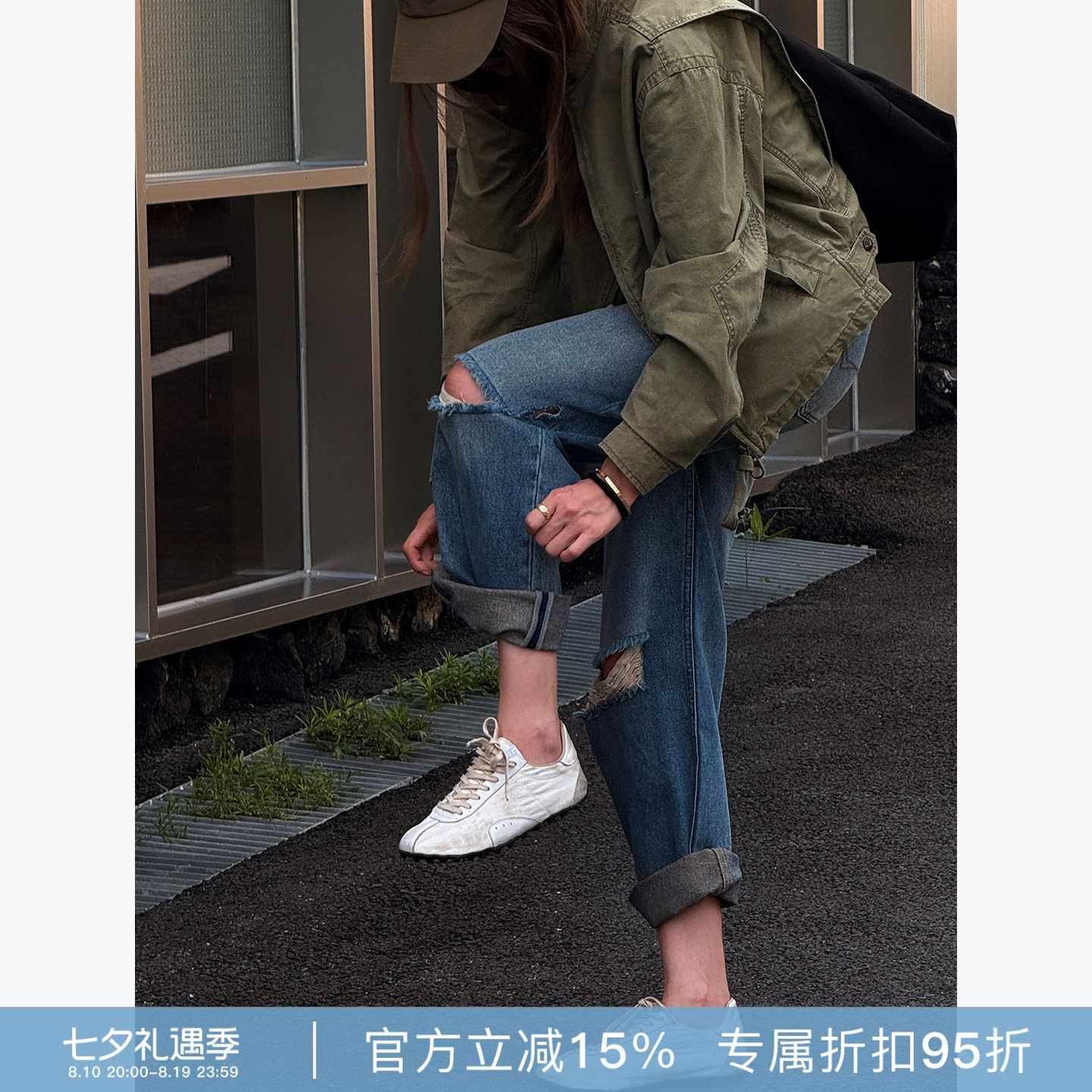 RHER STUDIO"膝畔碎痕"复古水洗做旧破洞直筒牛仔裤休闲长裤K1725
