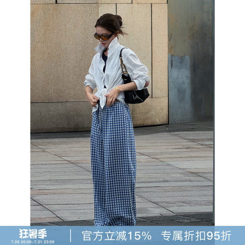 RHER STUDIO“韩系蓝白格”慵懒风垂感宽松直筒休闲格子裤K01QC