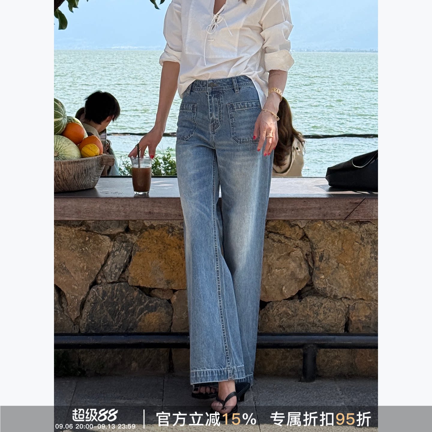 夏季100%棉高腰显瘦阔腿牛仔裤