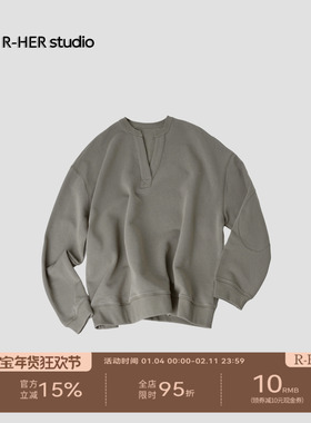 R-HER“复古巧思”V领拼接休闲百搭长袖t恤基础款打底圆领卫衣
