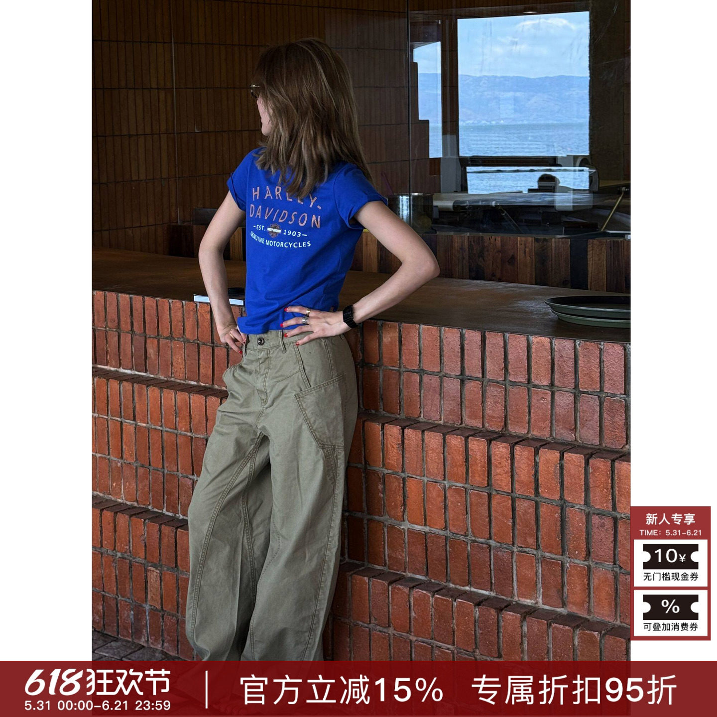 RHER STUDIO“复古宝蓝T”夏季美式街头印花短袖T恤百搭显瘦T0003