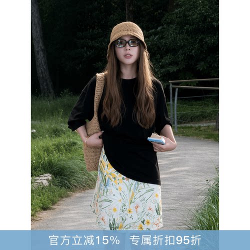 RHER STUDIO“画家的后花园”100苎麻定染原创油画花卉半身裙B000