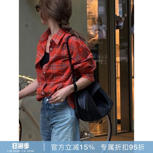 RHER STUDIO 复古洗水100色织棉对格工艺美式宽松长袖衬衫CS004