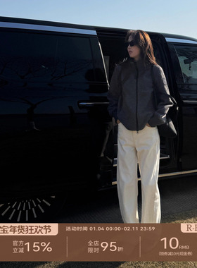 R-HER“暖暖白牛”直筒裤宽松女潮流加绒款白色牛仔裤RP5NKN816