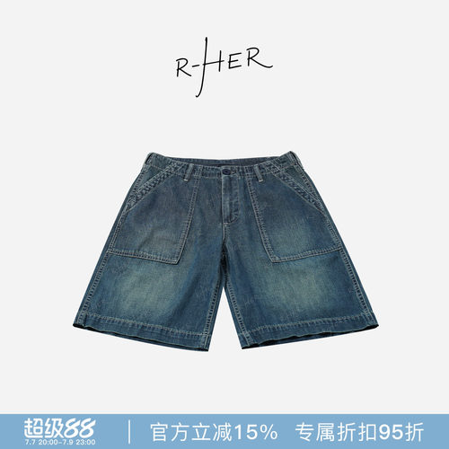 RHER STUDIO“阔袋靛蓝”夏季潮牌宽松休闲五分中裤牛仔短裤K2598