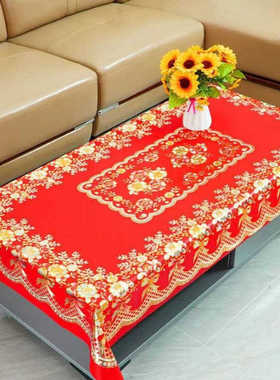 90*150台式PVC红色烫金桌布防水防油防烫免洗长方形餐桌布