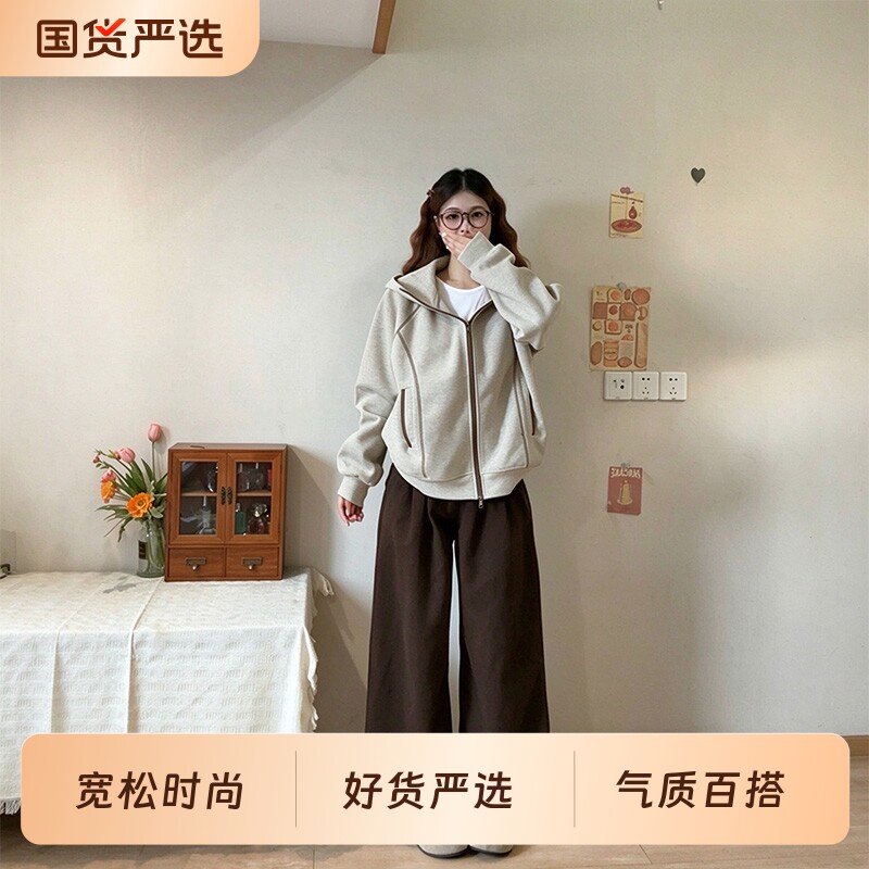 运动休闲短外套秋韩系慵懒情侣哈苏线设计连帽卫衣开衫宽松夹克潮