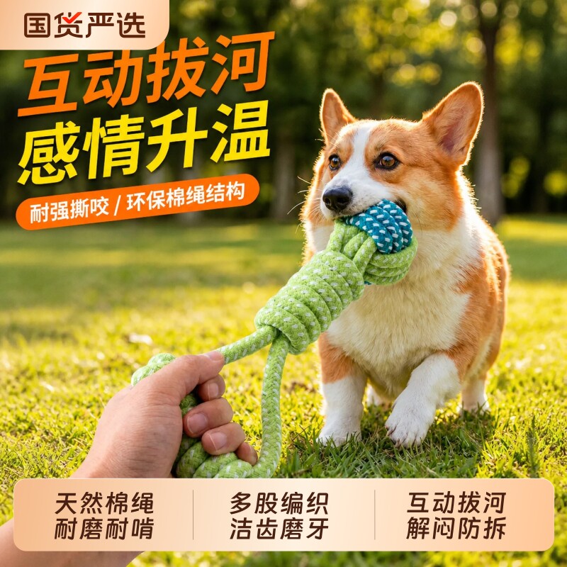 狗狗玩具棉绳耐咬磨牙幼犬洁齿解闷拉扯球宠物互动编织绳结用品
