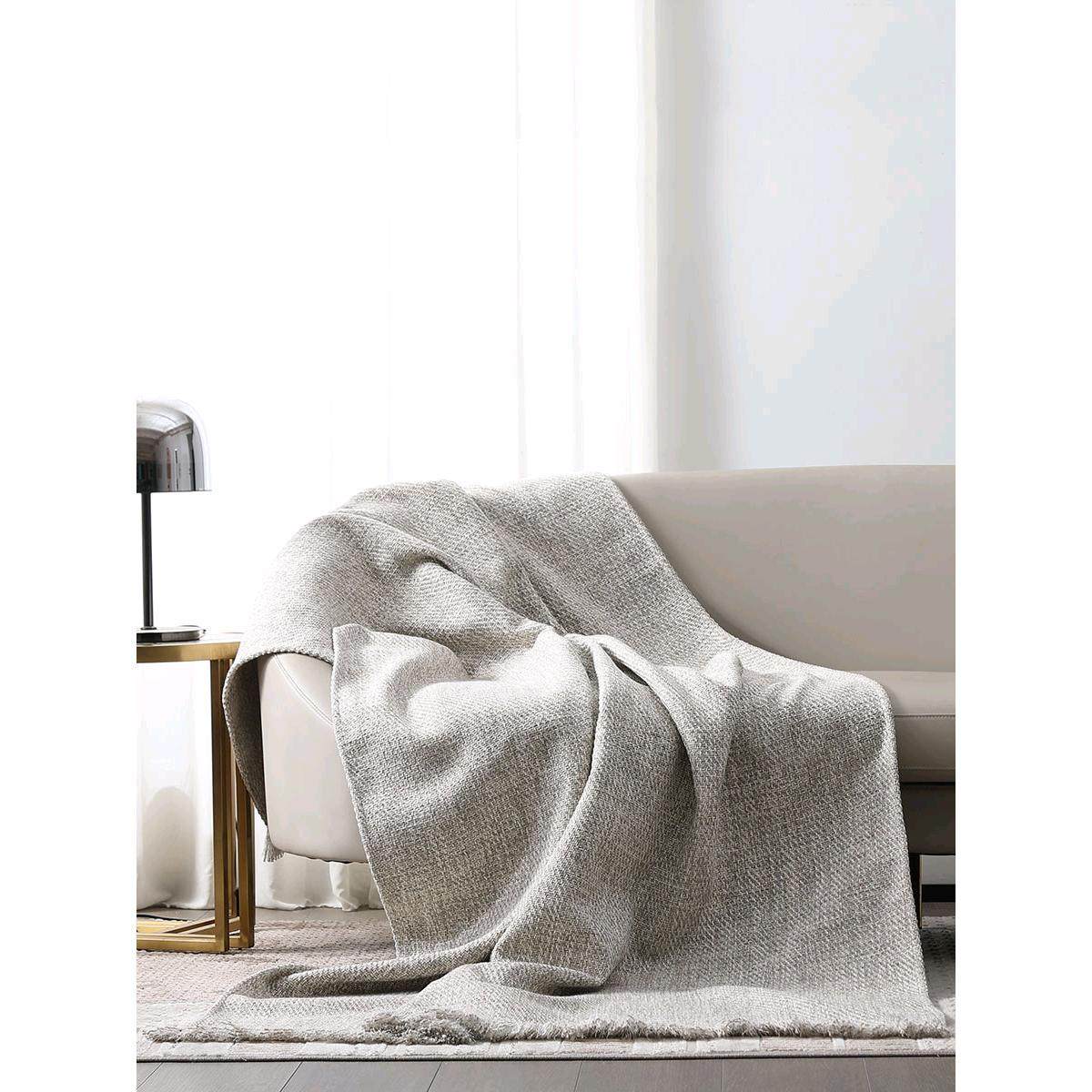 现代简约时尚米色颗粒流苏搭毯酒店民宿样板间床尾巾售楼软装居家