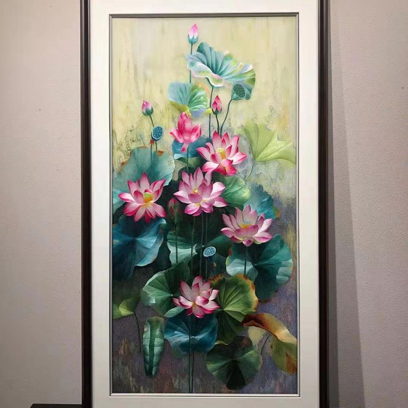 苏绣成品挂画荷花玄关刺绣纯手工客厅走廊新中式布艺艺术品装饰画图片