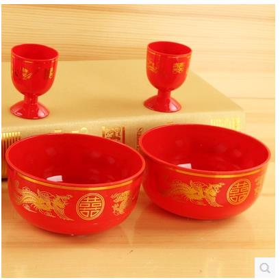 结婚用品 夫妻敬茶喜碗对碗对筷龙凤碗 塑料喜碗碗筷套装婚庆包邮