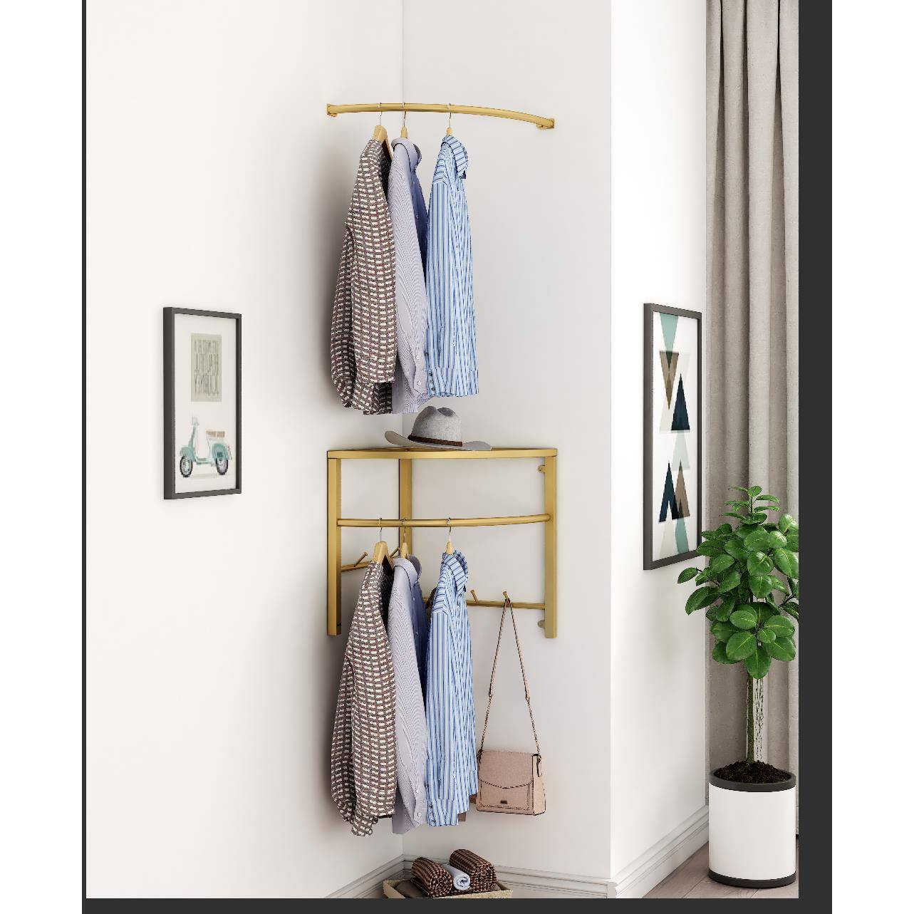 免打孔转角衣帽架落地卧室挂衣杆拐角不占空间墙角家用简易晾衣架