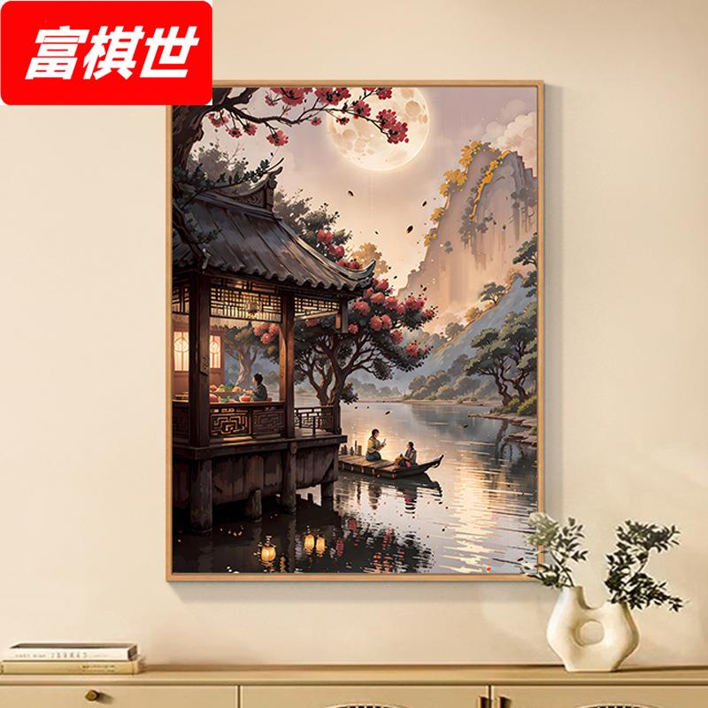 江南的夜古风建筑数字油画手绘画画填色中国风丙烯油彩装饰画图片