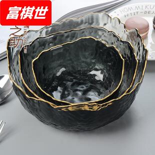锤纹金边碗透明水果玻璃沙拉碗酸奶蔬菜甜品碗水果盘 网红家用日式