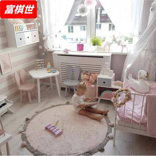 INS圆形毛球棉质地垫 摄影场景道具 儿童房装 饰家居防滑垫