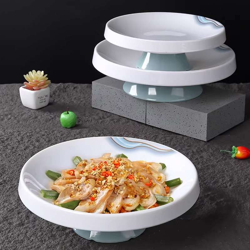 密胺酒店餐具高脚翻边深圆盘创意中式饭店炒菜热菜汤盘子专用塑料
