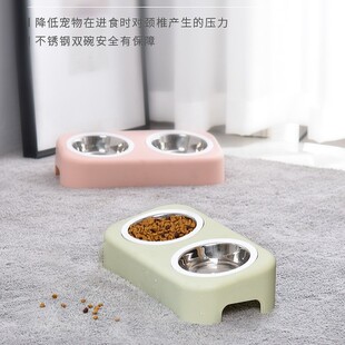 猫咪小狗宠物碗斜口饭盆饭碗小猫幼猫小奶狗喂食盆不锈钢宠物双碗