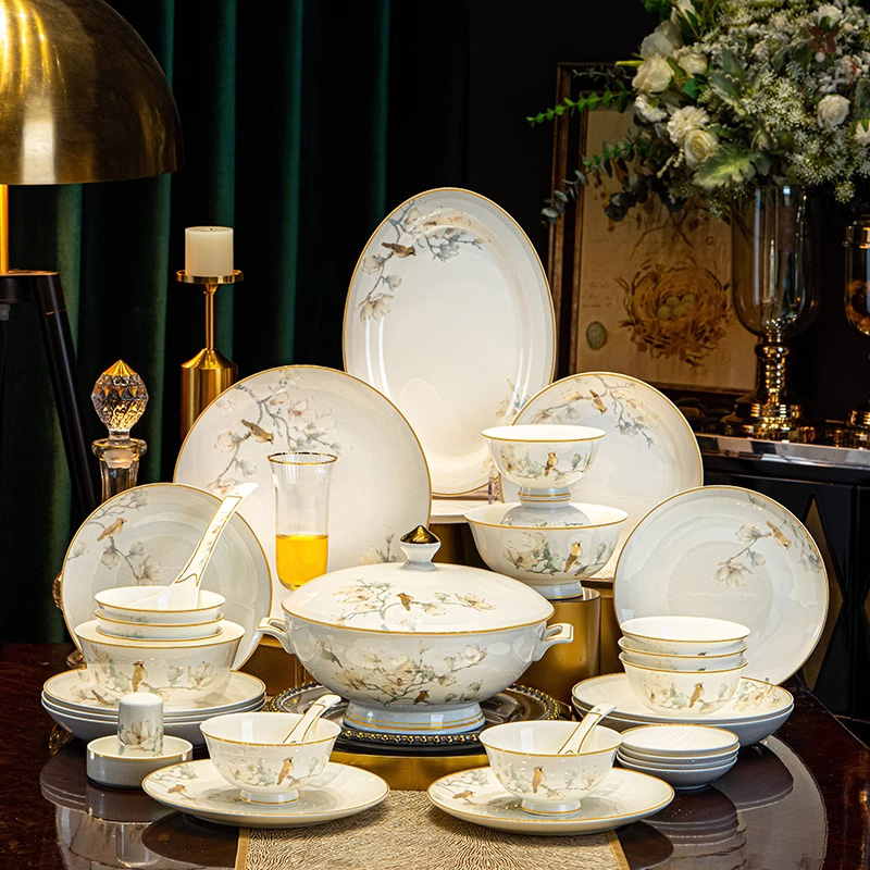 宾晏高级感碗碟套装家用景德镇骨瓷餐具乔迁新居中式陶瓷碗盘