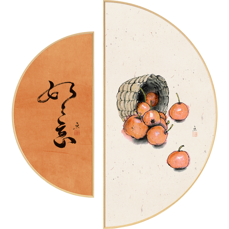 熟甜新中式禅意装饰画橙色半圆形壁画日式原木风餐厅玄关走廊挂画图片