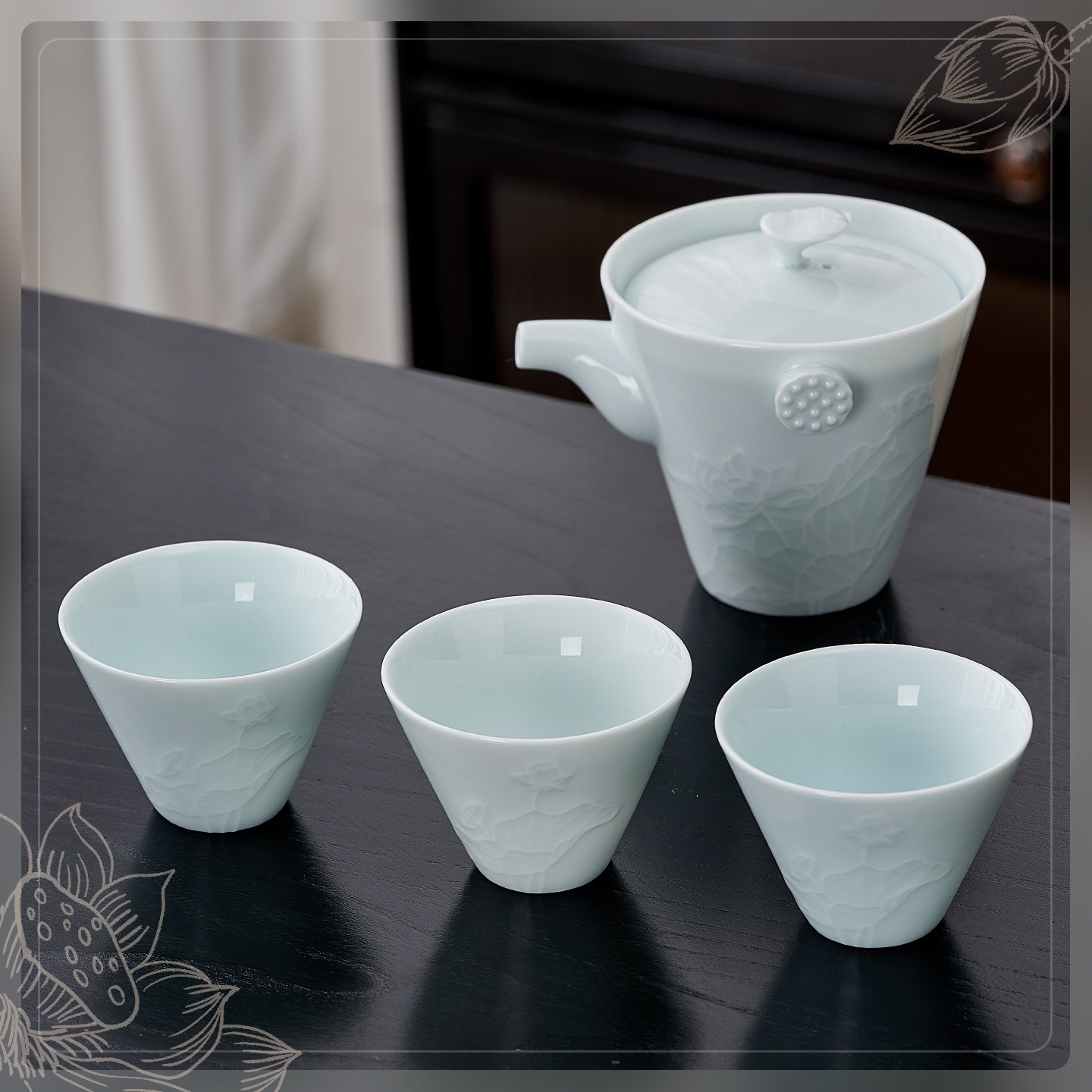 华光国瓷 景瓷景德镇功夫茶具套装影青浮雕办公茶杯茶壶旅行茶具