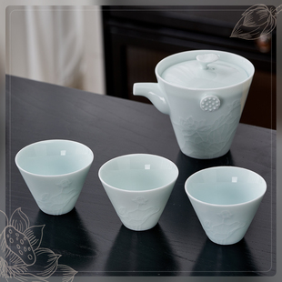 华光国瓷 景瓷景德镇功夫茶具套装影青浮雕办公茶杯茶壶旅行茶具