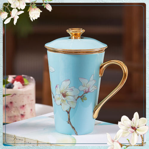 华光景瓷骨瓷盖杯水杯泡茶杯高档轻奢送礼带茶滤茶杯礼盒连连共生