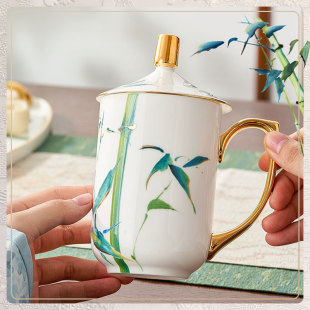 华光国瓷骨瓷茶杯盖杯泡茶杯新中式会客茶杯碟陶瓷杯喝水杯子青竹