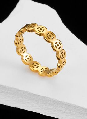 铜钱戒指钛钢不掉色钱多多素圈戒指旺财偏财戒指男士女士招财转运