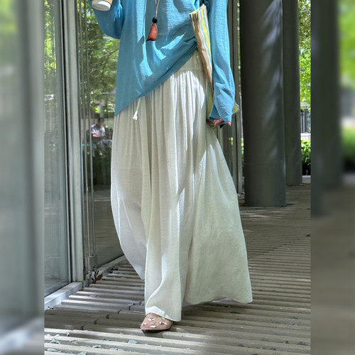 7SEVEN 人棉亚麻~抽绳褶皱拼接设计 松弛慵懒风高腰休闲裙裤7303