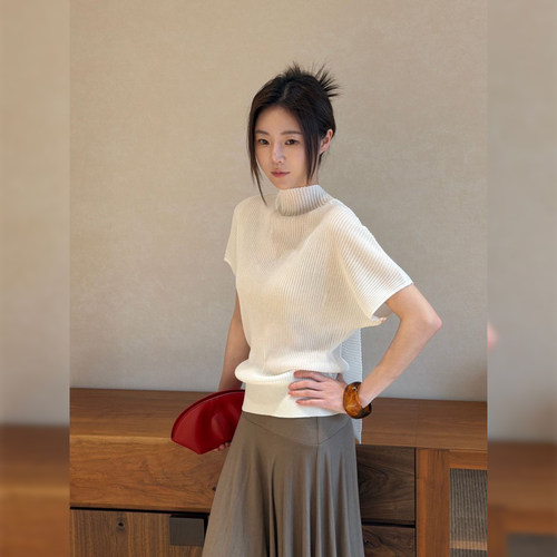 7SEVEN【曲珠冰麻】飘带短袖T恤女宽松显瘦凉感透气针织上衣0004
