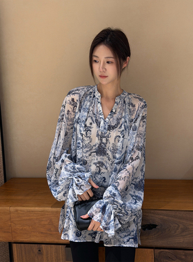 7SEVEN 【青花瓷】夏季新款瓷器印花宽松百搭气质显瘦女衬衫5441