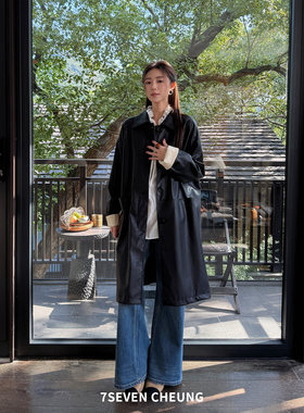 张七七 复古翻领翻袖撞色设计风衣女秋冬季宽松中长款皮风衣外套