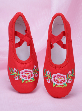 丹醒红色软底芭蕾舞蹈鞋新款牡丹民族风表演跳舞鞋中国古典猫爪鞋