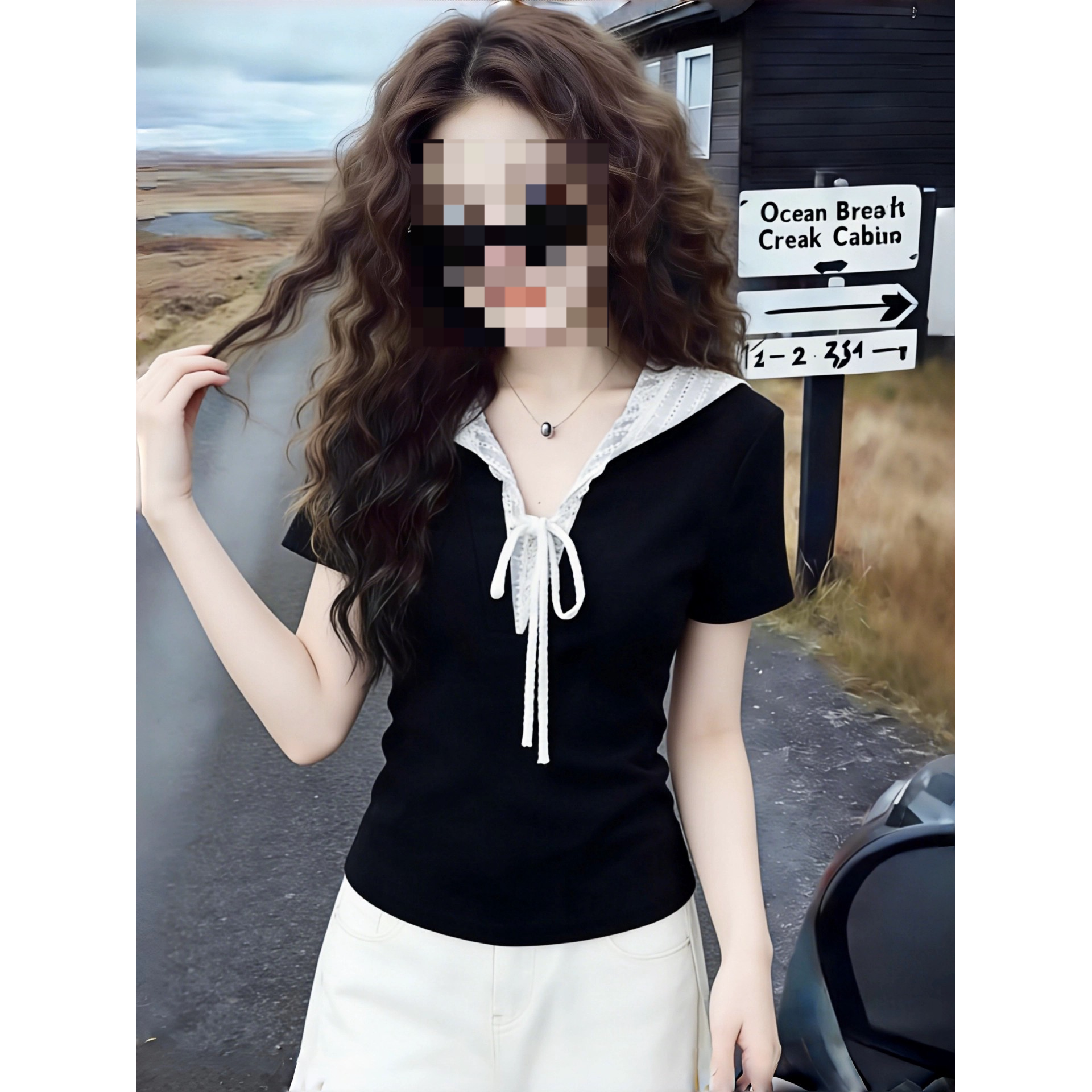 黑色V领短袖t恤女2026新款夏季蕾丝拼接系带修身显瘦气质女士上衣