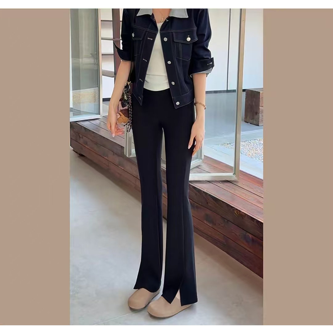 黑色喇叭裤女高腰显瘦春秋新款弹力修身马蹄裤休闲开叉微喇西装裤
