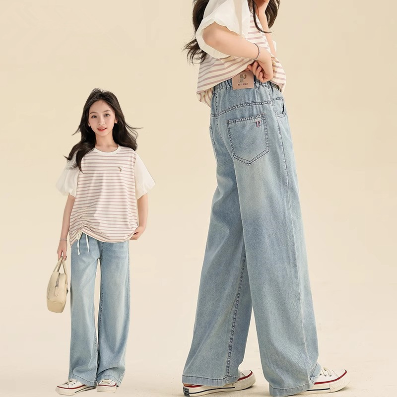 女童牛仔裤夏季薄款2025新款初中生夏装直筒裤子女大童天丝阔腿裤